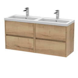 Nuie Havana Wall Hung 4 Drawer Vanity Basin Unit & Double Polymarble Basin, Modern Sink Vanity Unit In Autumn Oak With White - thumbnail 4