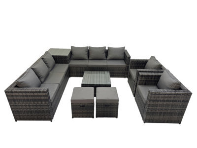 Fimous Garden Rattan Outdoor Furniture Set 10 Seater Patio Corner Sofa Coffee Table With 2 Small Stool Side Table Dark Grey - image 1