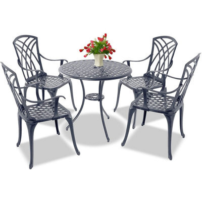 Homeology Oshowa Luxurious Garden And Patio Table And 4 Large Chairs With Armrests Cast Aluminium Bistro Set Grey - image 1