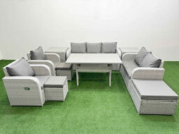 Fimous Pe Rattan Garden Furniture Set Reclining Chair Double Love Seat 2 Seater Sofa Lounge Set 3 Stools 2 Side Table Light Grey - thumbnail 1
