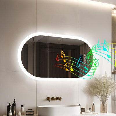 Luvodi 800X500mm Oval Led Bathroom Mirror Dual Bluetooth Speaker Audio Stereo Makeup Mirror,dimmable,backlit,digital Display - image 1