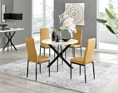 Furniturebox Uk Novara White Gloss Black Leg Round Dining Table & 4 Mustard Velvet Milan Black Leg Chairs - image 1