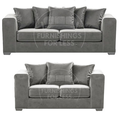 Furnishings For Less UK Ella Boxed Arm Plush Velvet  Fabric Sofa Set 3 And 2 Seater Sofa   Grey - image 1