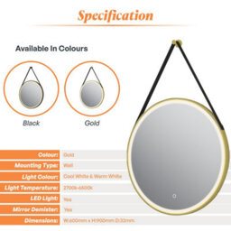 Plum&clay Janie Led Gold Circular Hanging Bathroom Mirror With Strap (H)900mm (W)600mm - thumbnail 4