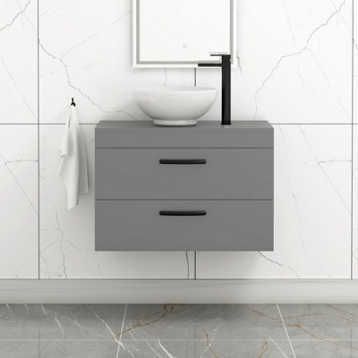 Royal Bathrooms 800mm Wall Hung Vanity Unit 2 Drawer Indigo Grey Gloss & Breeze Countertop Basin With Matt Black Handle - image 1