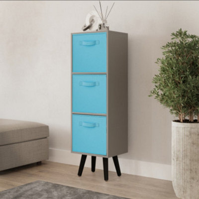 Urbn-Living Urbnliving 80Cm Height 3 Tier Grey Wooden Storage Bookcase Scandinavian Style Black Legs With Sky Blue Inserts - image 1