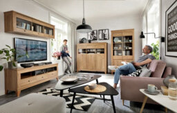 Impact Furniture Large Glass Display Sideboard Buffet Cabinet Glazed Unit Led Light Country Oak Effect Berg - thumbnail 3