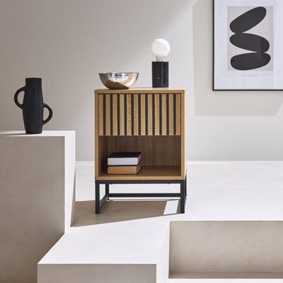 Sweeek - 1-Drawer Contemporary Wood Effect Bedside Table Natural 40X40X55 Cm - Lisbonne - image 1