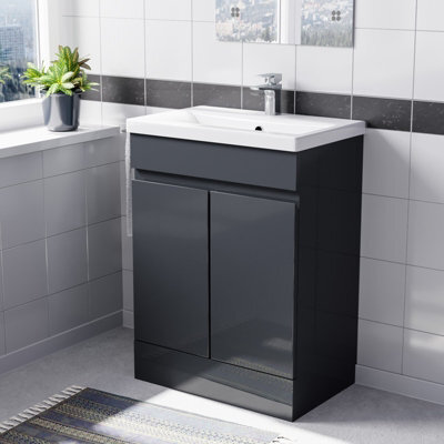 Nes Home Dark Grey 600mm Pvc Freestanding Bathroom Basin Vanity Unit - image 1