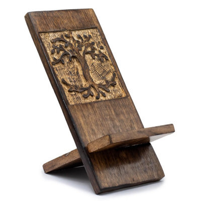 Hand-Carved Tree Of Life Wooden Phone Stand - Eco-Friendly Mango Wood - image 1