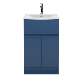 Hudson Reed Urban Satin Blue Floor Standing 2 Door 1 Drawer Vanity Unit And Curved Basin With Silent Close, 840 X 510 X 440 - thumbnail 1