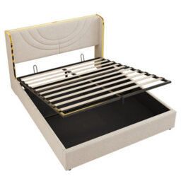Abrihome Beige Linen Double Bed With Hydraulic Storage, Led Headboard, Chrome Trim & Usb-C Charging - thumbnail 6
