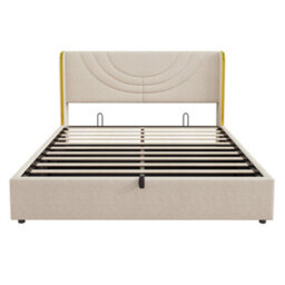 Abrihome Beige Linen Double Bed With Hydraulic Storage, Led Headboard, Chrome Trim & Usb-C Charging - thumbnail 7