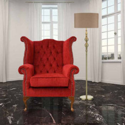 Chesterfield High Back Wing Chair Velluto Tomato Fabric In Queen Anne Style - thumbnail 2