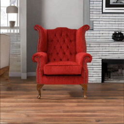 Chesterfield High Back Wing Chair Velluto Tomato Fabric In Queen Anne Style - thumbnail 3