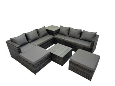 Fimous 8 Seater Garden Outdoor Rattan Furniture Set Patio Corner Sofa Coffee Table With 2 Big Stools Dark Grey - image 1