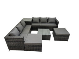 Fimous 8 Seater Garden Outdoor Rattan Furniture Set Patio Corner Sofa Coffee Table With 2 Big Stools Dark Grey - thumbnail 2