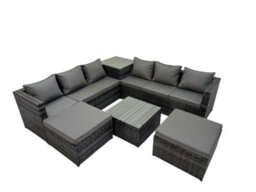 Fimous 8 Seater Garden Outdoor Rattan Furniture Set Patio Corner Sofa Coffee Table With 2 Big Stools Dark Grey - thumbnail 1