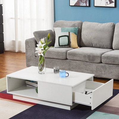 White Modern Coffee Table With Storage Drawer Shelf Sofa Side End Table With Led Light - image 1
