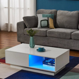 White Modern Coffee Table With Storage Drawer Shelf Sofa Side End Table With Led Light - thumbnail 3