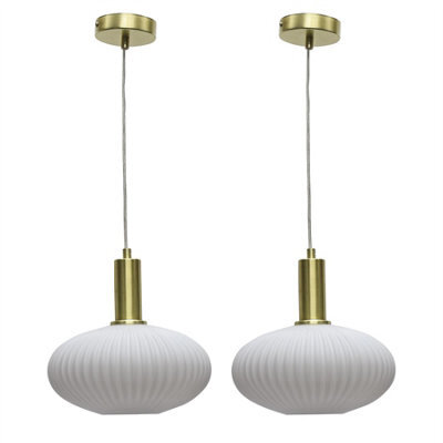 First Choice Lighting Set Of 2 Baton - White Ribbed Oval Glass Satin Brass Deco Pendants - image 1