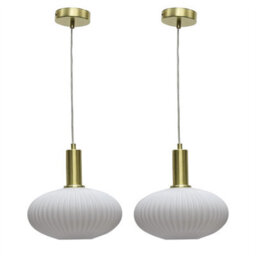 First Choice Lighting Set Of 2 Baton - White Ribbed Oval Glass Satin Brass Deco Pendants - thumbnail 1