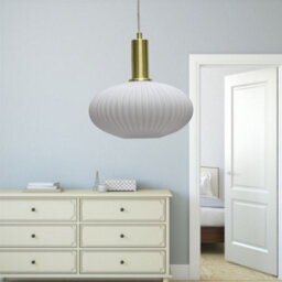 First Choice Lighting Set Of 2 Baton - White Ribbed Oval Glass Satin Brass Deco Pendants - thumbnail 5