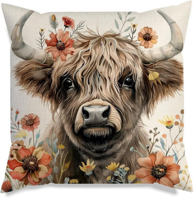 Highland Cow Pattern Cushion Cover - Decorative For Sofa, Living Room, Animal And Floral Pattern, 2 Pieces - image 1