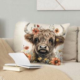 Highland Cow Pattern Cushion Cover - Decorative For Sofa, Living Room, Animal And Floral Pattern, 2 Pieces - thumbnail 2