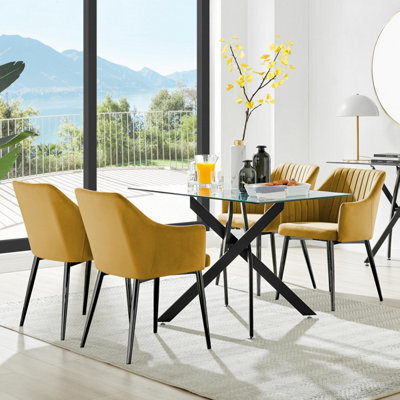 Furniturebox Uk Leonardo Black Leg Glass Dining Table & 4 Mustard Calla Black Leg Chairs