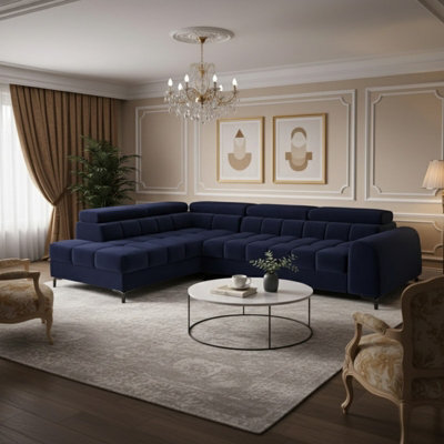 Aurelio L Shape Corner Sofa Bed With Storage And Adjustable Headrests, Modern Sleeper Sofa 268X204 Cm Navy Blue Left - image 1