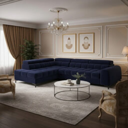 Aurelio L Shape Corner Sofa Bed With Storage And Adjustable Headrests, Modern Sleeper Sofa 268X204 Cm Navy Blue Left