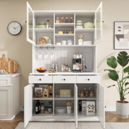 Btm Tall Kitchen Cabinet, 120X40X191Cm, White, Adjustable Shelves, Power Outlets, Usb Aandusb C And Wine Glass Holder - thumbnail 7