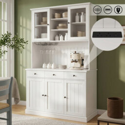 Btm Tall Kitchen Cabinet, 120X40X191Cm, White, Adjustable Shelves, Power Outlets, Usb Aandusb C And Wine Glass Holder - thumbnail 1