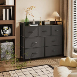 Black 7 Drawer Fabric Chest Of Drawers Bedroom Dresser Storage Cabinet Metal & Wood - thumbnail 3