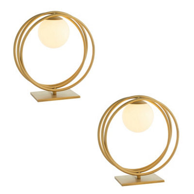 2 Pack Brushed Gold Table Lamp - Gloss Opal Glass Shade - Circular Hoop Design - image 1