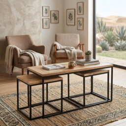 Kingwood Up Cycled Industrial Metal And Wood Long Table And 2 Stools Coffee Table Set - thumbnail 4