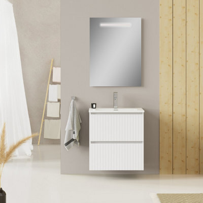 Banyetti Linea Matt White Fluted Double Drawer Wall Hung Vanity Unit Including Basin 600mm X 460mm - image 1