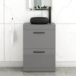 Royal Bathrooms Turin 500mm Freestanding Bathroom Vanity Unit With Sink 2 Drawer Indigo Grey Gloss & Milan Black Countertop Basin - thumbnail 1
