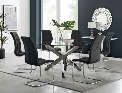 Furniturebox Uk Vogue Large Round Chrome Metal Clear Glass Dining Table And 6 Black Murano Dining Chairs Set - image 1