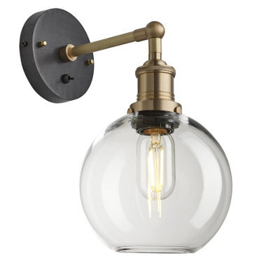 Industville Brooklyn Glass Globe Wall Light - 7 Inch, Clear Glass Globe - 7 Inch, Brass Wall Holder
