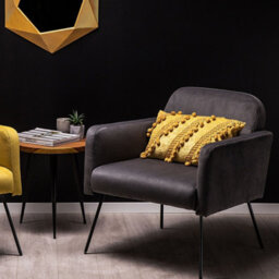 Beliani Armchair Grey Velvet With Slender Black Metal Legs Retro - Compact Apartment Fit - thumbnail 2