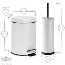 Harbour Housewares 3L Bathroom Bin & Brush Set - Matt White - Round Stainless Steel Slim Trashcan Pedal Bin & Toilet Brush Set - thumbnail 4