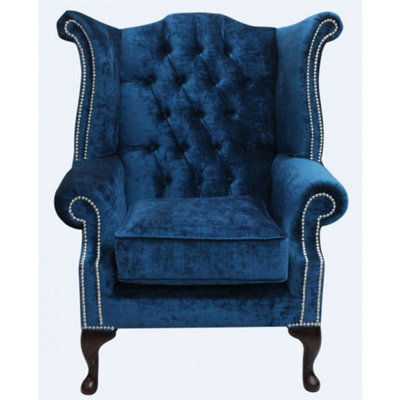 Chesterfield High Back Wing Chair Pastiche Petrol Blue Velvet In Queen Anne Style - image 1