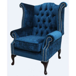 Chesterfield High Back Wing Chair Pastiche Petrol Blue Velvet In Queen Anne Style - thumbnail 2
