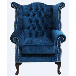 Chesterfield High Back Wing Chair Pastiche Petrol Blue Velvet In Queen Anne Style - thumbnail 1