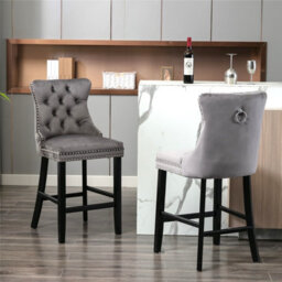 HomeTouch Set Of 2 Velvet Bar Stools, Kitchen Breakfast Barstools With Wooden Legs Bar Chairs For Counter Grey - thumbnail 3
