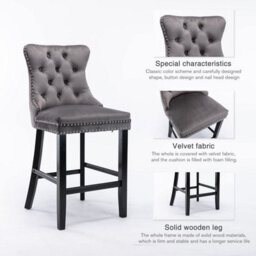 HomeTouch Set Of 2 Velvet Bar Stools, Kitchen Breakfast Barstools With Wooden Legs Bar Chairs For Counter Grey - thumbnail 5