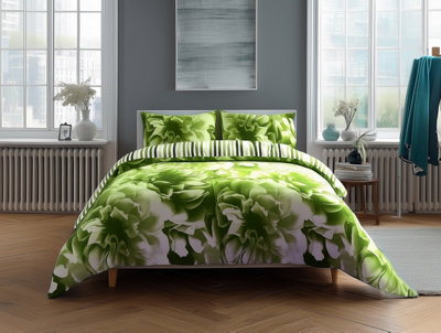 Duvet Cover And Pillowcase Set Reversible Rose And Stripe Design Polycotton Bed Linen Lime - image 1