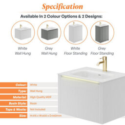 Plum&clay Zion Fluted White Wall Hung Drawer Vanity Unit & Basin Set (W)600mm - thumbnail 6